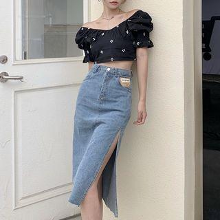 Floral Embroidered V-neck Cropped Blouse / High Waist Split Denim Midi Skirt
