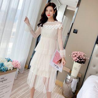 Lace Trim Long-sleeve Layered A-line Midi Dress
