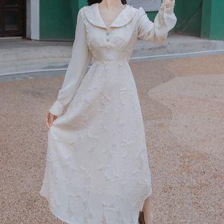 Fringed Collared Long-sleeve A-line Midi Dress
