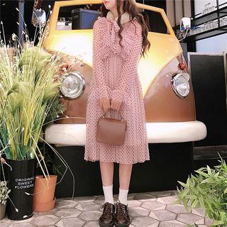 Set: Dotted Long-sleeve A-line Dress + Slipdress + Faux-fur Scarf