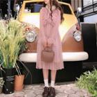 Set: Dotted Long-sleeve A-line Dress + Slipdress + Faux-fur Scarf