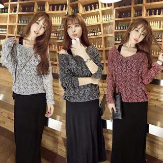 Set: Crew-neck Midi Tank Dress + Pointelle Long-sleeve Knit Top