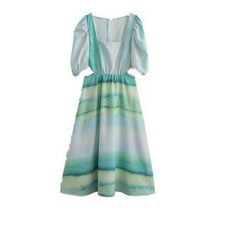 Short-sleeve Square-neck Cutout Tie-dye Midi A-line Dress
