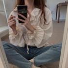 Long-sleeve Tie-neck Frill Trim Blouse Cream Beige - One Size