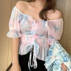 Puff-sleeve Off Shoulder Ruffle Trim Tie-dyed Chiffon Blouse