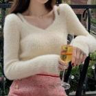 Long-sleeve Off-shoulder Slim Fit Furry Knit Top