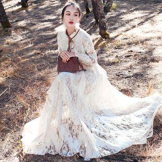 Long-sleeve Tiered Midi Lace Dress
