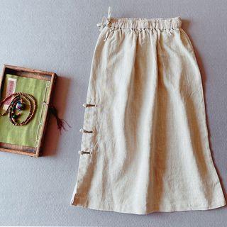 Frog-button Linen Midi A-line Skirt