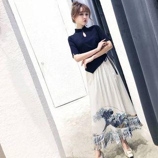 Set: Irregular Hem Drawstring Elbow-sleeve Top + Wave Print Maxi A-line Skirt