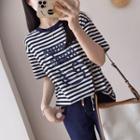 Short-sleeve Duck Print Striped T-shirt Navy Blue - One Size