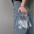 Lettering Panel Distressed Jeans