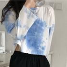 Long-sleeve Round Neck Tie-dye Loose Fit Cropped T-shirt