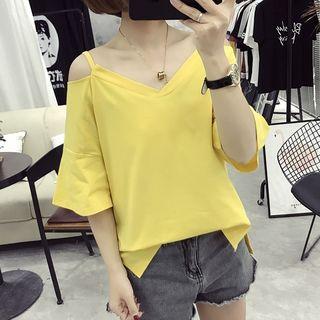 Elbow-sleeve Cold Shoulder V-neck Plain T-shirt