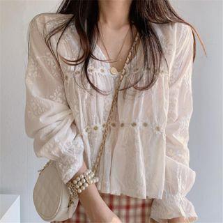 Bell-sleeve V-neck Blouse / Plaid Mini A-line Skirt