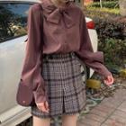 Tie-neck Blouse / Plaid Mini A-line Skirt