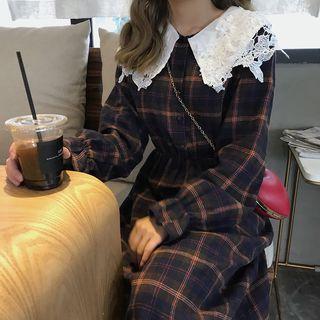 Long-sleeve Lace-collar Midi A-line Plaid Dress