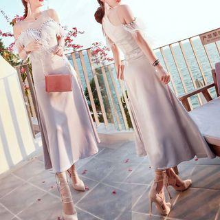 Open Shoulder Short-sleeve Evening Dress
