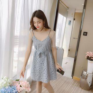 Set: Short Sleeve Mesh T-shirt + Perforated Spaghetti Strap Dress