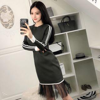 Mesh Panel Long-sleeve Knit Dress Army Green - One Size