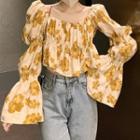 Puff Long-sleeve Floral Ruffle Hem Crop Top Floral - Yellow - One Size