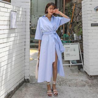 3/4-sleeve Striped Long Shirtdress With Sash