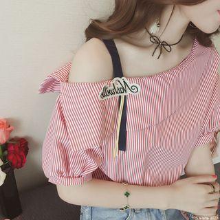 Striped Cut-out Elbow-sleeve Blouse