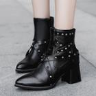 Faux Leather Pointed Block-heel Rivet Ankle Boots