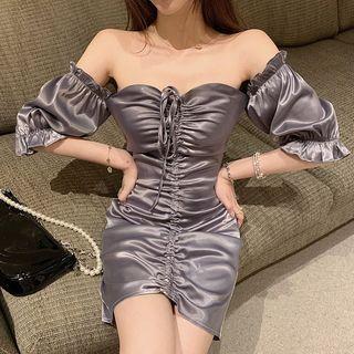 Balloon-sleeve Drawstring Sheath Dress