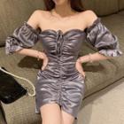 Balloon-sleeve Drawstring Sheath Dress