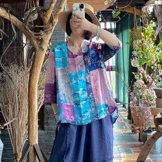 Short-sleeve Floral Shirt Floral - Light Blue & Light Purple & Dark Blue - One Size