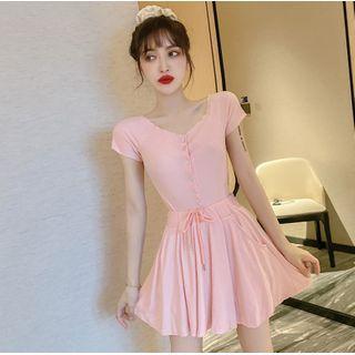 Set Of 2: Off-shoulder Short-sleeve Top + Drawstring Pleated Skirt