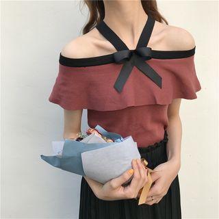 Tie-neck Short-sleeve Knitted Top