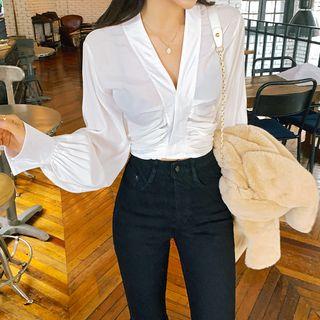 Bishop-sleeve Shirred Satin Cropped Blouse