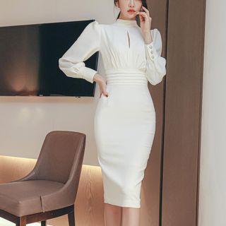 Long-sleeve Mock-neck Cutout Sheath Dress