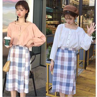 Square Neck Blouse / Check Midi Skirt