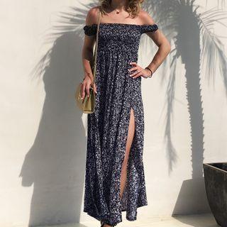 Off-shoulder Floral Print Slit Maxi A-line Dress