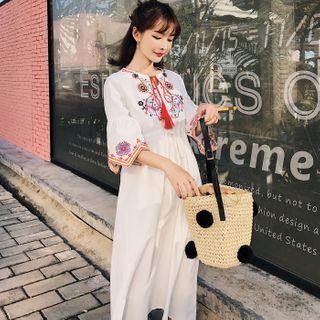 Embroidered Elbow-sleeve Midi Shift Dress