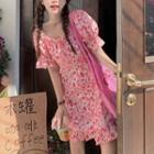 Ruffle Puff-sleeve Floral Dress Pink - One Size