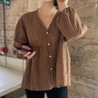 V-neck Plaid Blouse Coffee - One Size