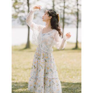 Light Lace Jacket / Spaghetti Strap Floral Chiffon A-line Midi Dress