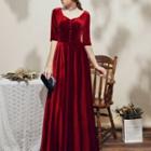 Elbow-sleeve Velvet A-line Evening Gown