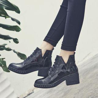 Patent Block Heel Ankle Booots