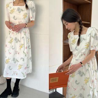 Square-neck Floral Midi Dress Ivory - One Size