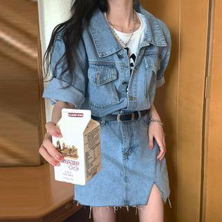 Elbow-sleeve Denim Mini Shirt Dress