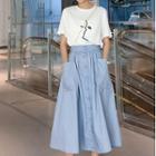 Set: Short-sleeve Cartoon Print T-shirt + A-line Midi Skirt