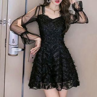 Long-sleeve Fringe A-line Cocktail Dress