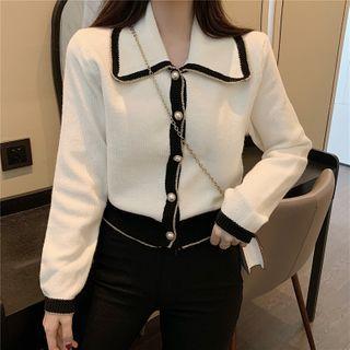 Contrast Trim Faux Pearl Cardigan Black Trim - White - One Size