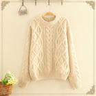 Round-neck Plain Cable-knitted Sweater Beige - One Size