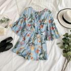 Floral Short-sleeve Playsuit Blue - One Size