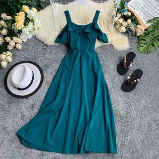 Short-sleeve Cold Shoulder Ruffled A-line Maxi Dress